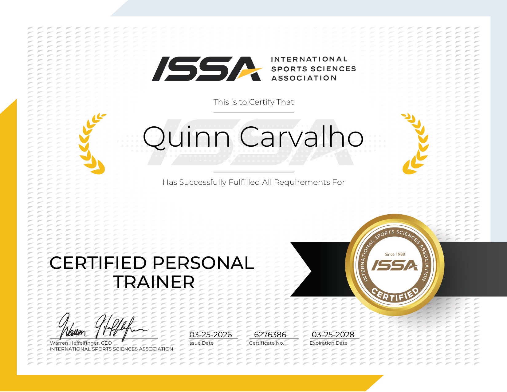 Quinn Carvalho's ISSA Certified Personal Trainer certificate