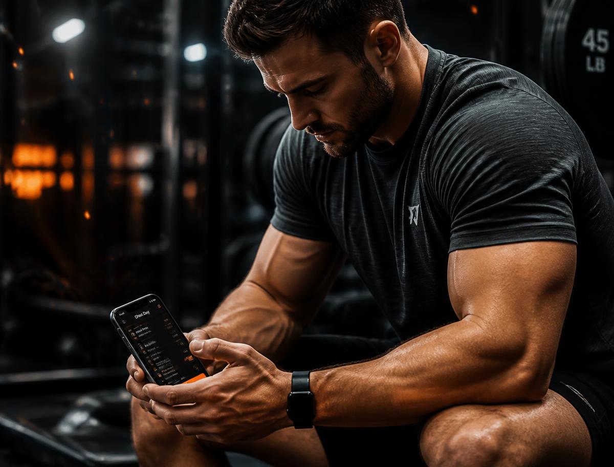 Client reviewing their coaching program on a phone between sets